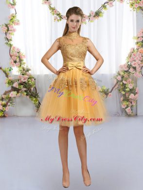 Amazing Knee Length Gold Wedding Guest Dresses Tulle Cap Sleeves Lace and Bowknot