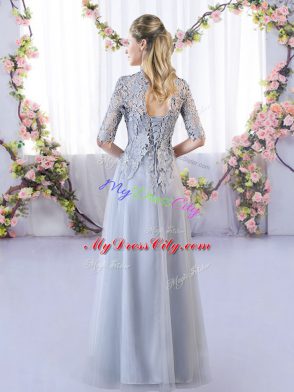 Tulle High-neck Half Sleeves Lace Up Lace Wedding Party Dress in Grey