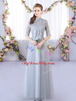 Tulle High-neck Half Sleeves Lace Up Lace Wedding Party Dress in Grey