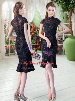 Luxurious Black Column/Sheath High-neck Short Sleeves Lace Knee Length Zipper Prom Party Dress