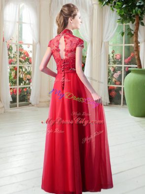 Floor Length Hot Pink Prom Dress High-neck Short Sleeves Lace Up