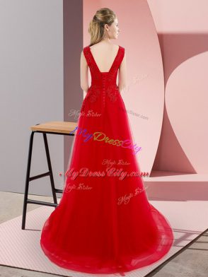 Red Tulle Lace Up Bateau Sleeveless Dress for Prom Sweep Train Beading and Appliques