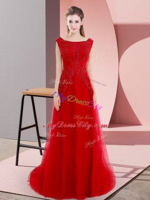 Red Tulle Lace Up Bateau Sleeveless Dress for Prom Sweep Train Beading and Appliques