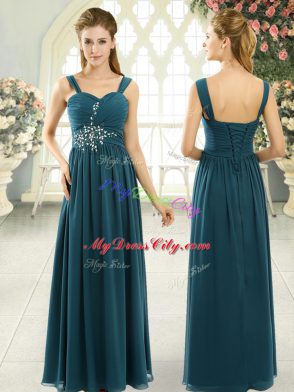 Gorgeous Chiffon Spaghetti Straps Sleeveless Lace Up Beading and Ruching Evening Dress in Teal