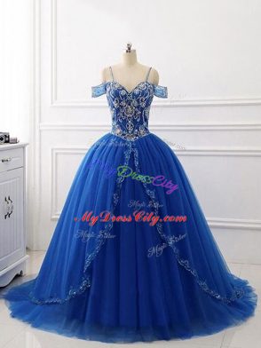 Pretty Off The Shoulder Sleeveless Brush Train Lace Up 15 Quinceanera Dress Royal Blue Tulle