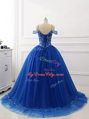 Pretty Off The Shoulder Sleeveless Brush Train Lace Up 15 Quinceanera Dress Royal Blue Tulle