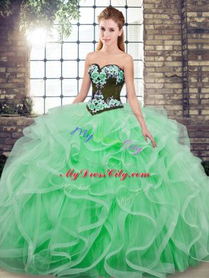 Apple Green Quince Ball Gowns Military Ball and Sweet 16 and Quinceanera with Embroidery and Ruffles Sweetheart Sleeveless Sweep Train Lace Up