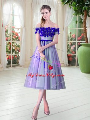 Lavender Tulle Lace Up Prom Party Dress Sleeveless Tea Length Appliques