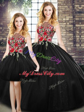 Tulle Scoop Sleeveless Zipper Embroidery Sweet 16 Dresses in Black