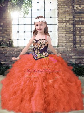 Great Embroidery and Ruffles Pageant Dress Orange Red Lace Up Sleeveless Floor Length