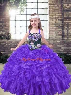 Purple Straps Lace Up Embroidery Glitz Pageant Dress Sleeveless