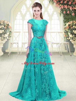 Noble Aqua Blue and Green Tulle Zipper Prom Evening Gown Cap Sleeves Sweep Train Beading and Lace