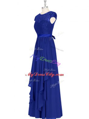 Sophisticated Floor Length Royal Blue Prom Gown Scoop Cap Sleeves Zipper