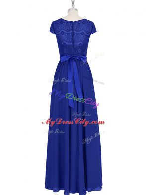 Sophisticated Floor Length Royal Blue Prom Gown Scoop Cap Sleeves Zipper