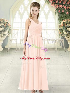 Sweet Pink Chiffon Zipper Evening Gowns Sleeveless Floor Length Ruching