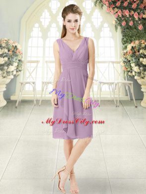 Purple Zipper V-neck Sleeveless Knee Length Prom Evening Gown Ruching