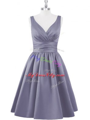 V-neck Sleeveless Satin Prom Evening Gown Ruching Zipper