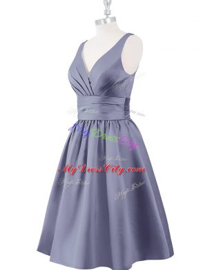 V-neck Sleeveless Satin Prom Evening Gown Ruching Zipper