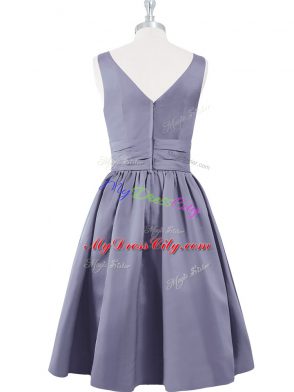 V-neck Sleeveless Satin Prom Evening Gown Ruching Zipper