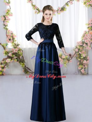 Navy Blue 3 4 Length Sleeve Satin Zipper Dama Dress for Quinceanera for Prom and Party and Wedding Party