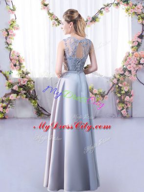 Extravagant Scoop Sleeveless Vestidos de Damas Floor Length Lace Silver Satin