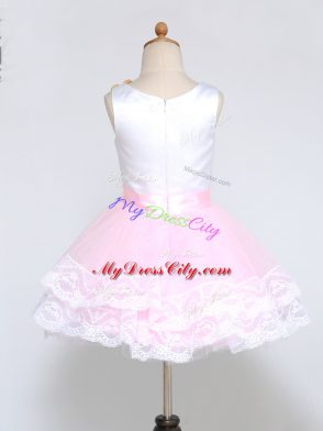 Unique Scoop Sleeveless Zipper Flower Girl Dresses Pink And White Tulle