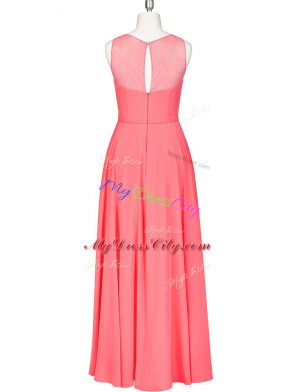 Artistic Watermelon Red Column/Sheath Scoop Sleeveless Chiffon Floor Length Zipper Lace and Belt Dress for Prom