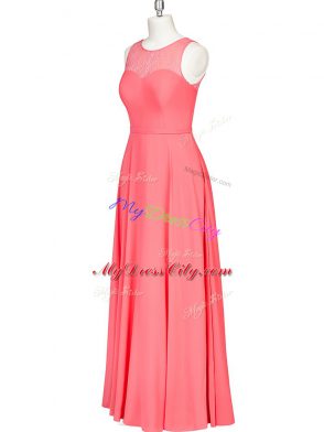 Artistic Watermelon Red Column/Sheath Scoop Sleeveless Chiffon Floor Length Zipper Lace and Belt Dress for Prom