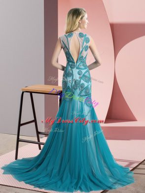 Attractive Tulle Scoop Sleeveless Sweep Train Backless Beading and Appliques Prom Evening Gown in Blue