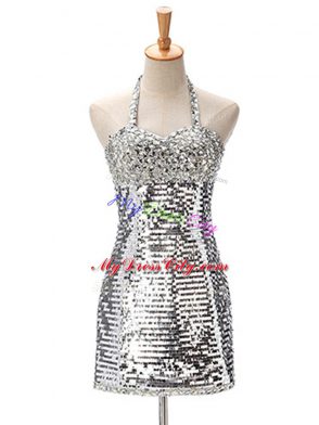 Excellent Silver Sequined Zipper Dress for Prom Sleeveless Mini Length Ruching