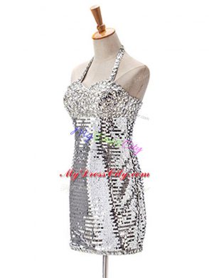 Excellent Silver Sequined Zipper Dress for Prom Sleeveless Mini Length Ruching