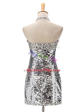 Excellent Silver Sequined Zipper Dress for Prom Sleeveless Mini Length Ruching