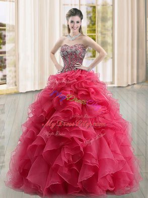 Spectacular Sweetheart Sleeveless Organza Quince Ball Gowns Beading and Ruffles Lace Up