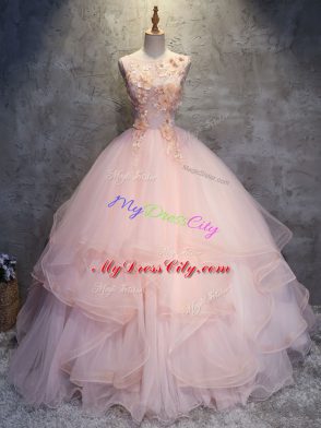 Inexpensive Tulle Scoop Sleeveless Lace Up Appliques and Ruffles 15th Birthday Dress in Pink