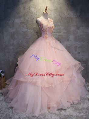 Inexpensive Tulle Scoop Sleeveless Lace Up Appliques and Ruffles 15th Birthday Dress in Pink