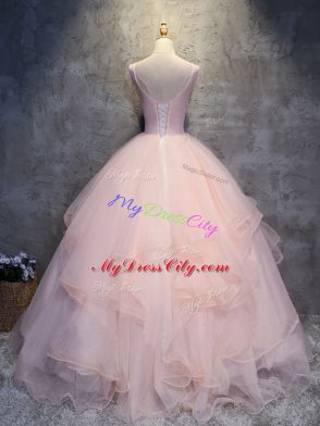 Inexpensive Tulle Scoop Sleeveless Lace Up Appliques and Ruffles 15th Birthday Dress in Pink