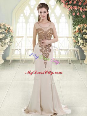 Traditional Scoop Sleeveless Sweep Train Beading White Elastic Woven Satin