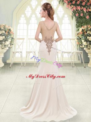 Traditional Scoop Sleeveless Sweep Train Beading White Elastic Woven Satin