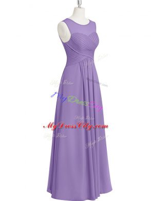 Stunning Lavender Empire Chiffon Scoop Sleeveless Ruching Floor Length Zipper Prom Gown