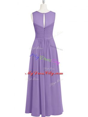 Stunning Lavender Empire Chiffon Scoop Sleeveless Ruching Floor Length Zipper Prom Gown