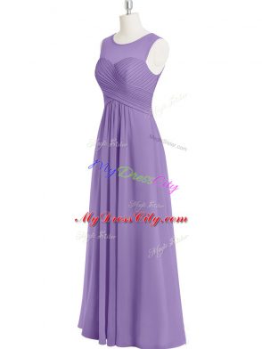 Stunning Lavender Empire Chiffon Scoop Sleeveless Ruching Floor Length Zipper Prom Gown