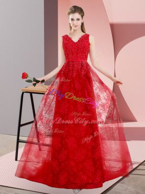 Elegant Red A-line Lace V-neck Sleeveless Beading Lace Up Evening Gowns Sweep Train