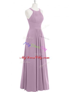 Halter Top Sleeveless Prom Gown Floor Length Ruching Purple Chiffon