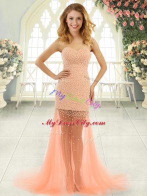 Orange and Peach Evening Dress Prom and Party with Beading Sweetheart Sleeveless Brush Train Zipper