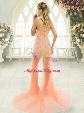 Orange and Peach Evening Dress Prom and Party with Beading Sweetheart Sleeveless Brush Train Zipper