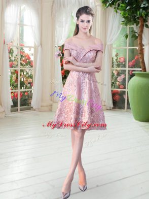 Dazzling Sleeveless Knee Length Zipper Dress for Prom in Pink with Lace