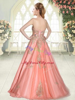 Glamorous Peach Sleeveless Floor Length Appliques Lace Up Prom Party Dress