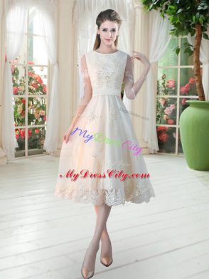 Sumptuous Champagne Lace Up Scoop Lace Dress for Prom Tulle 3 4 Length Sleeve