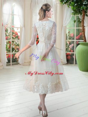 Sumptuous Champagne Lace Up Scoop Lace Dress for Prom Tulle 3 4 Length Sleeve