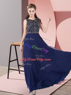 Navy Blue Chiffon Zipper Prom Evening Gown Sleeveless Floor Length Beading